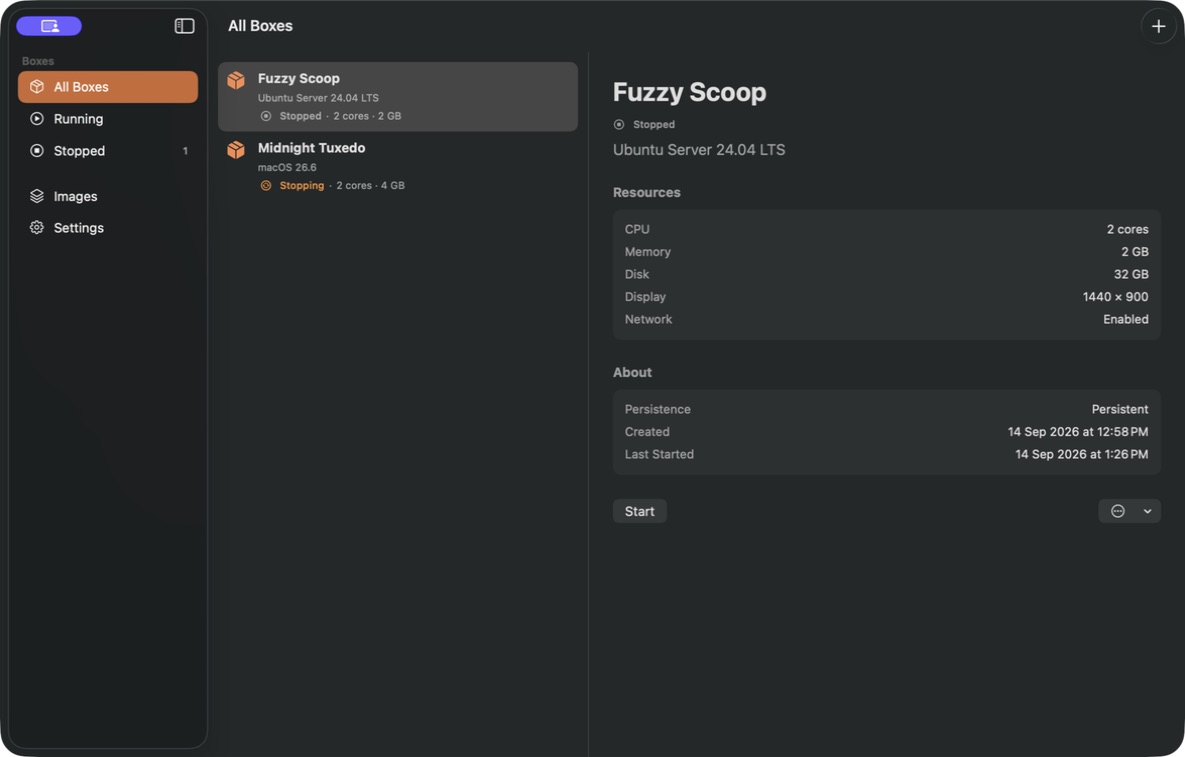 LitterBox showing macOS and Ubuntu Boxes, with the Ubuntu Box's resource settings open.